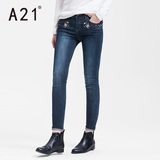 A21女装修身低腰小脚牛仔长裤 裤子 女士刺绣个性显瘦牛仔裤