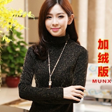 2015新款 韩版女装高领堆领蕾丝衫金丝银丝亮线打底衫加绒加厚