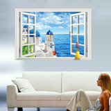创意3d立体仿真假窗户墙贴纸自粘温馨客厅卧室装饰贴画爱情海风景