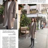 k412韩国女装2016加厚羊毛纯色handmade设计感中长款毛呢大衣外套