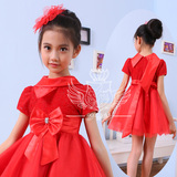 高档儿童礼服演出服婚纱公主蓬蓬裙女童钢琴表演服装红色主持人裙