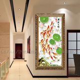 中式玄关竖版装饰画九鱼图风水画客厅餐厅挂画年年有余有框画