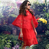 2016春装新款女装无袖红色蕾丝连衣裙镂空两件套中长款修身套装裙