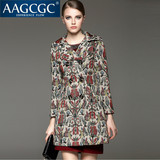 AAGCGC高端定制秋季新款女羊毛呢印花长双排纽扣修身外套风衣6875