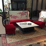 新中式布艺沙发水曲柳实木沙发茶楼会所印花沙发售楼处样板房家具