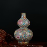 清代古玩古董老瓷器 乾隆粉彩金地万花葫芦瓶 保真包老包真收藏
