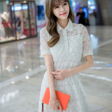 2016春夏季新款品女韩版通勤蕾丝高腰中袖双层吊带打底连衣长裙