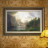 六派 洛基山风景油画手绘肌理 客厅走廊玄关画横版单幅有框装饰画