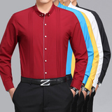 新款男士本命年红色休闲衬衫 100%双丝光棉中年免烫长袖纯色衬衣