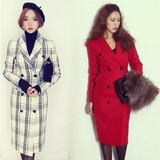 毛呢外套冬装新款韩版修身千鸟格双排扣大码女红色加厚羊毛大衣