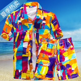夏威夷男胖子加肥加大码沙滩衬衫 男士休闲宽松薄款短袖衬衣套装