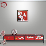 晋元恒新中式电视柜漆器实木手绘彩绘漆柜红色玉兰客厅装饰电视柜