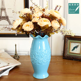美式乡村蓝色花瓶 花瓣轻质陶瓷简约摆件家居装饰品陶瓷干花花器