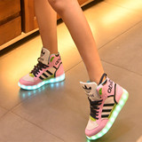 韩版高帮USB发光鞋LED夜光鞋男女情侣透气明星同款荧光休闲板鞋