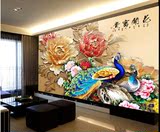 中式大型壁画客厅电视背景墙纸卧室3D壁纸浮雕花开富贵孔雀牡丹花