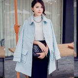 2014冬季新款韩版女装中长款天蓝色娃娃领呢大衣加厚大码毛呢外套