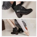 韩国代购16新款时尚休闲真皮牛皮皮带扣粗跟高跟女靴短靴裸靴靴子