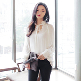 2015秋季新款 韩国品质复古优雅系带领口压褶灯笼长袖雪纺衫上衣
