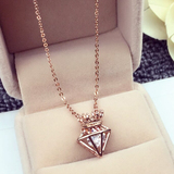 韩国新款 皇冠三角水晶时尚玫瑰金短款锁骨链简约进口钻石项链女