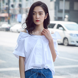 韩国夏季宽松性感吊带一字领露肩上衣女百搭纯色短袖简约显瘦衬衫