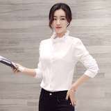 2016春季女装新品韩版纯色立领短款衬衫女打底衫时尚修身开衫衬衣