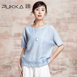 Pukka/蒲牌2016夏装新款原创设计女装圆领宽松短袖刺绣棉麻衬衫