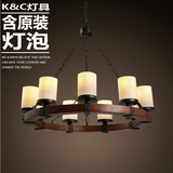 kc灯具 美式复古烛台吊灯工业创意简约圆形餐厅木头铁艺木艺吊灯