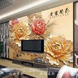 客厅沙发电视背景墙布壁纸 中式3d立体大型浮雕牡丹花开富贵壁画