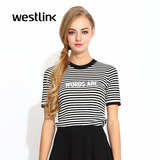 Westlink西遇春秋款字母条纹半高领套头短袖修身女针织衫打底衫