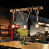 北欧美式乡村复古创意个性餐厅旧酒吧台咖啡厅竹筒子麻绳三头吊灯