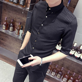 2016夏装潮男韩版条纹套装潮男紧身中袖小方领竖条衬衫发型师短袖