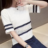韩版新款夏装前短后长宽松短袖T恤女镂空蕾丝花边半袖上衣体恤衫