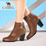 Camel/骆驼女鞋 优雅气质牛皮女靴 尖头粗高跟短靴
