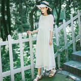 安小落 文艺森女系五分袖两件套连衣裙 夏季气质中长款白色长裙