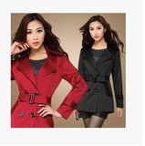 2016新款春装中长女外套韩版修身显瘦短款特大码双排扣风衣红黑潮