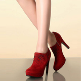 Daphne/达芙妮秋冬新款高跟水钻防水台磨砂布女鞋单鞋红色婚鞋
