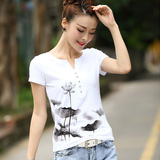 艾路丝婷2015新款夏装韩版女装短袖T恤水墨荷花大码镂空体恤9081