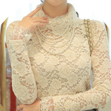 2015秋季新款女装蕾丝衫韩版修身高领蕾丝打底衫长袖镂空大码小衫