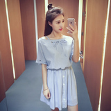 夏季2016新款韩版条纹连衣裙女一字领a字高腰气质通勤短裙子D483