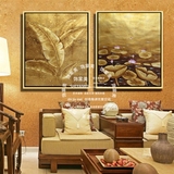 东南亚纯手绘油画客厅玄关餐厅装饰画泰式风格金箔画芭蕉叶与荷花