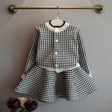2015年韩版儿童长袖毛衣开衫女童千鸟格针织开衫外套+短裙两件套