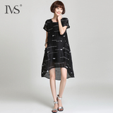 IVS2016夏季新款女装黑色休闲印花亚麻连衣裙中长款宽松大码A字裙