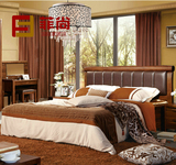 现代中式卧室家具实木深色双人床1.8米 真皮软靠背高箱床W9107