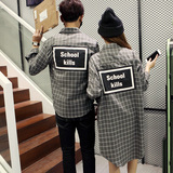 包邮潮牌2015春季新款中长款格子长袖男女韩版修身格子衬衫外套潮