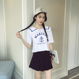 夏季新款韩版女装海军领宽松短款字母印花短袖棉质修身T恤+P14