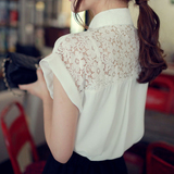 2016夏韩版短袖雪纺气质优雅蕾丝拼接百搭女衬衫T恤上衣白衬衫女