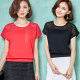 2016新款韩版修身蕾丝拼接大红色上衣夏修身气质显瘦短袖雪纺衫女