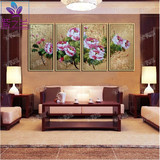 紫之兰 四联花开富贵花卉油画 纯手绘现代中式壁画走廊客厅装饰画