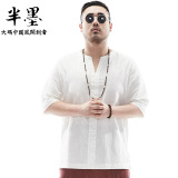 半墨中国风大码男装夏季棉麻宽松中式短袖衬衫加肥加大亚麻衬衣