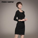 MISS GAMA2016秋装新款 拼接PU皮七分袖中腰连衣裙长裙显瘦女新品